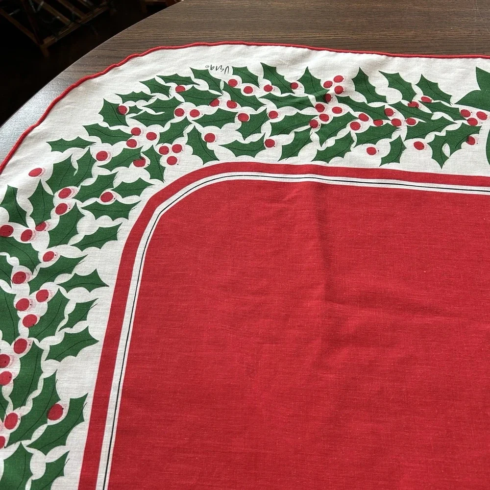 Vintage Vera Neumann Christmas Holly Tablecloth Red Green Holiday